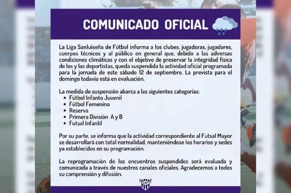 La Liga Sanluiseña suspendió toda la actividad de este sábado por el clima
