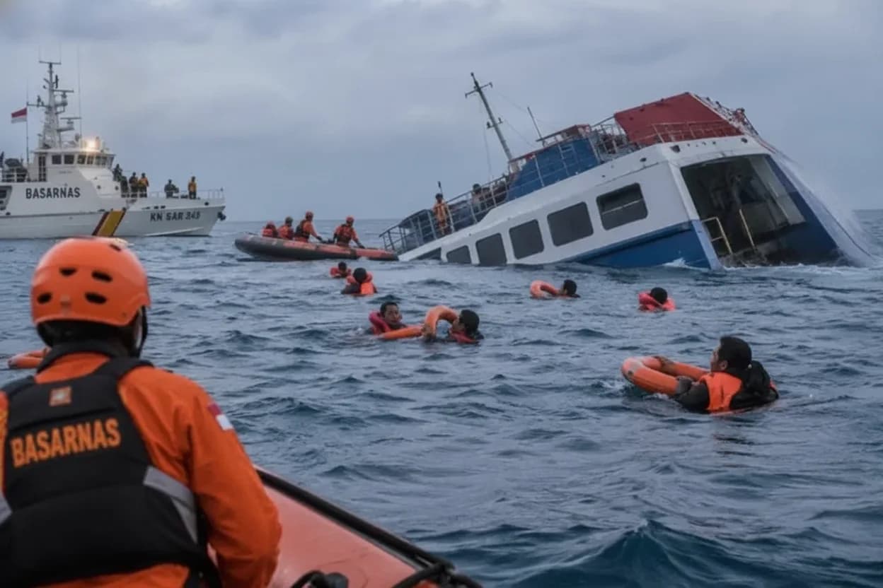 Los equipos de salvamento trabajan en el mar de Java, donde se hundió un ferry con 243 personas a bordo.