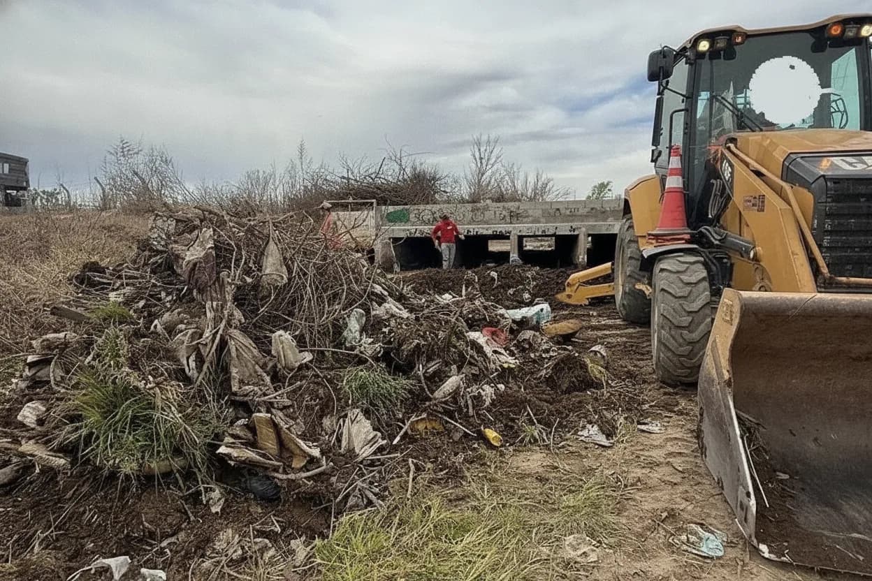 Canales de desagüe tapados con basura en Villa Mercedes: retiraron cinco bateas en el sureste de la ciudad.