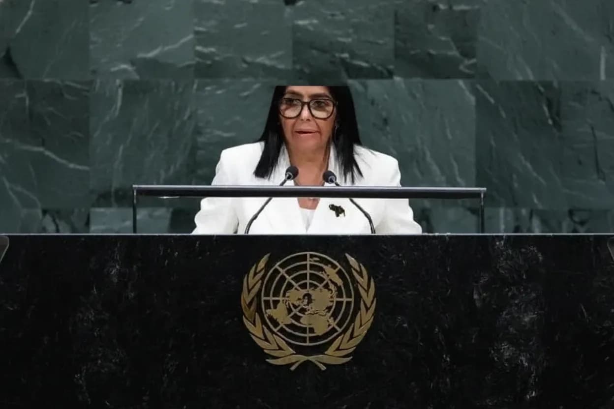La presidenta encargada de Venezuela, Delcy Rodríguez, da su mensaje ante la 81er Asamblea General de la ONU, el 23 de septiembre de 2026.