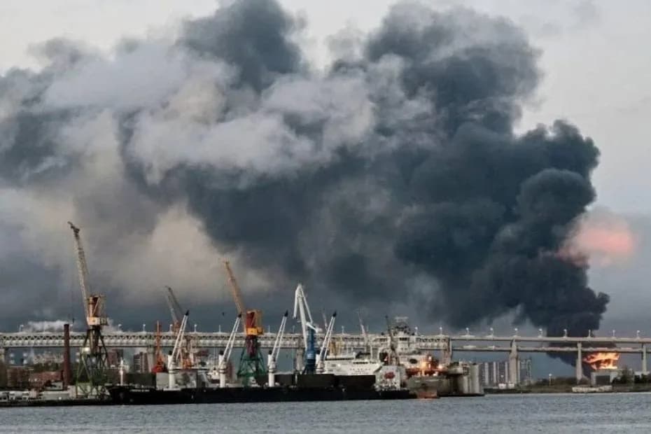 El humo se eleva sobre la ciudad tras un ataque aéreo a la terminal petrolera de San Petersburgo, Rusia, el 18 de octubre de 2026.
