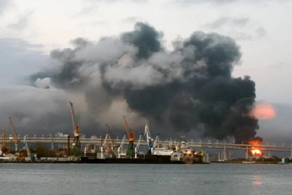 El humo se eleva de los incendios en la Terminal Petrolera de San Petersburgo, Rusia, el 18 de octubre de 2026.