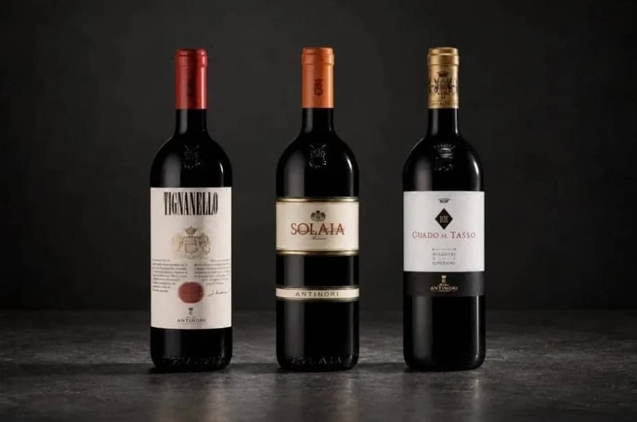 Esta foto, difundida el viernes 9 de octubre de 2026 por la bodega Marchesi Antinori, muestra, de izquierda a derecha, botellas de los vinos tintos Tignanello, Solaia y Guado al Tasso de la cosecha 2023, que fueron parte de un robo de 10.000 botellas por un valor aproximado de 5 millones de euros.