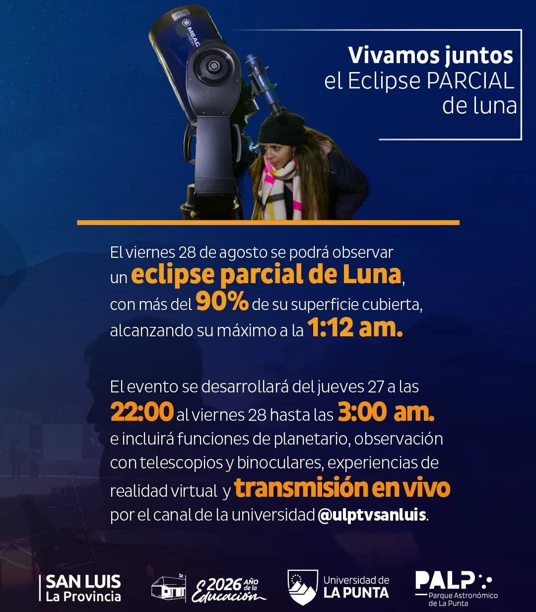 La Luna se teñirá de rojo y San Luis tendrá una noche para contemplar el cielo