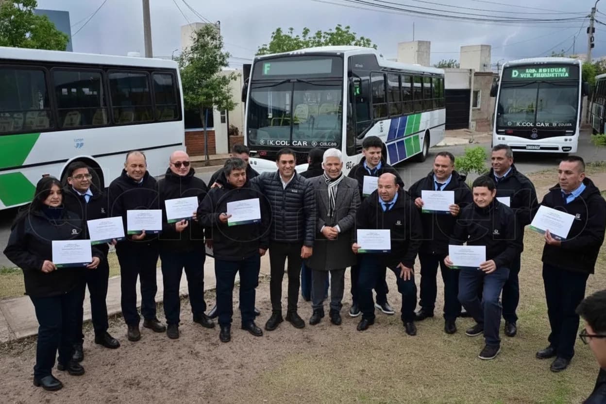 El gobernador, Claudio Poggi; el intendente, Gastón Hissa y trabajadores durante la presentación de seis colectivos para el transporte público.